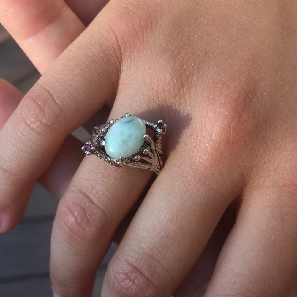 Jade silver ring adorned with 2 garnets